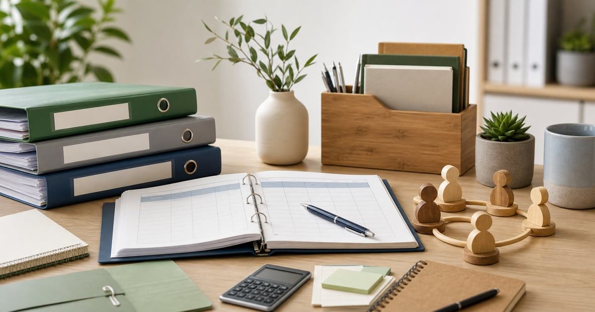 Non-profit financial records and calculator on a desk