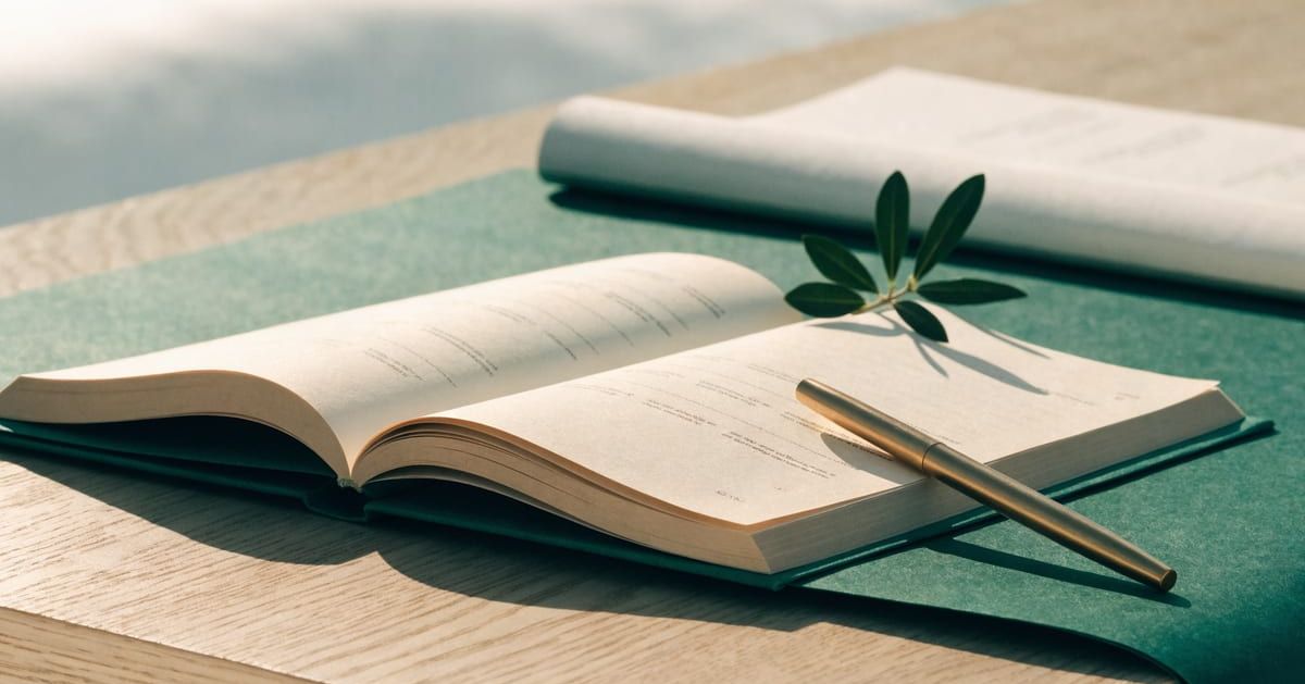 Open financial journal, pen and olive branch on an oak table